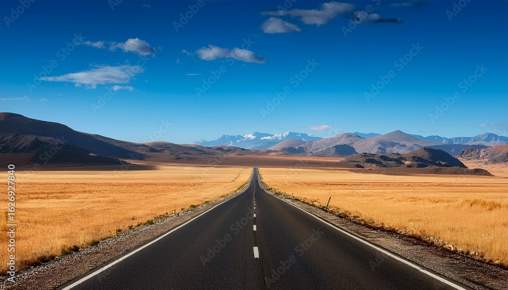 Fototapeta premium long straight road stretches through golden plains and mountains under a clear blue sky