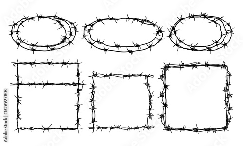 Silhouettes of twisted barbed wire in rounded and square frames. Vector illustration of black steel barb fence shapes. Symbolizing security, danger, protection, barrier, and military defense, fencing