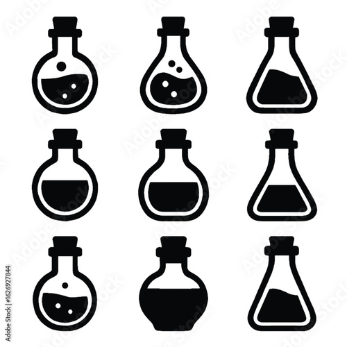 Minimalist alchemy potion and laboratory beaker icon set on white background