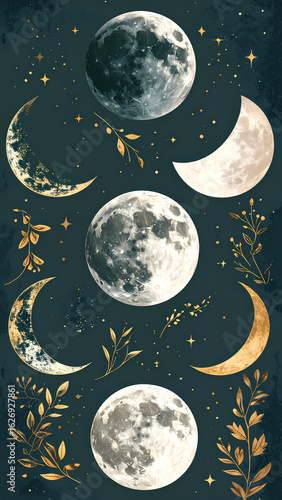 Celestial wall art of moon phases with gold accents
