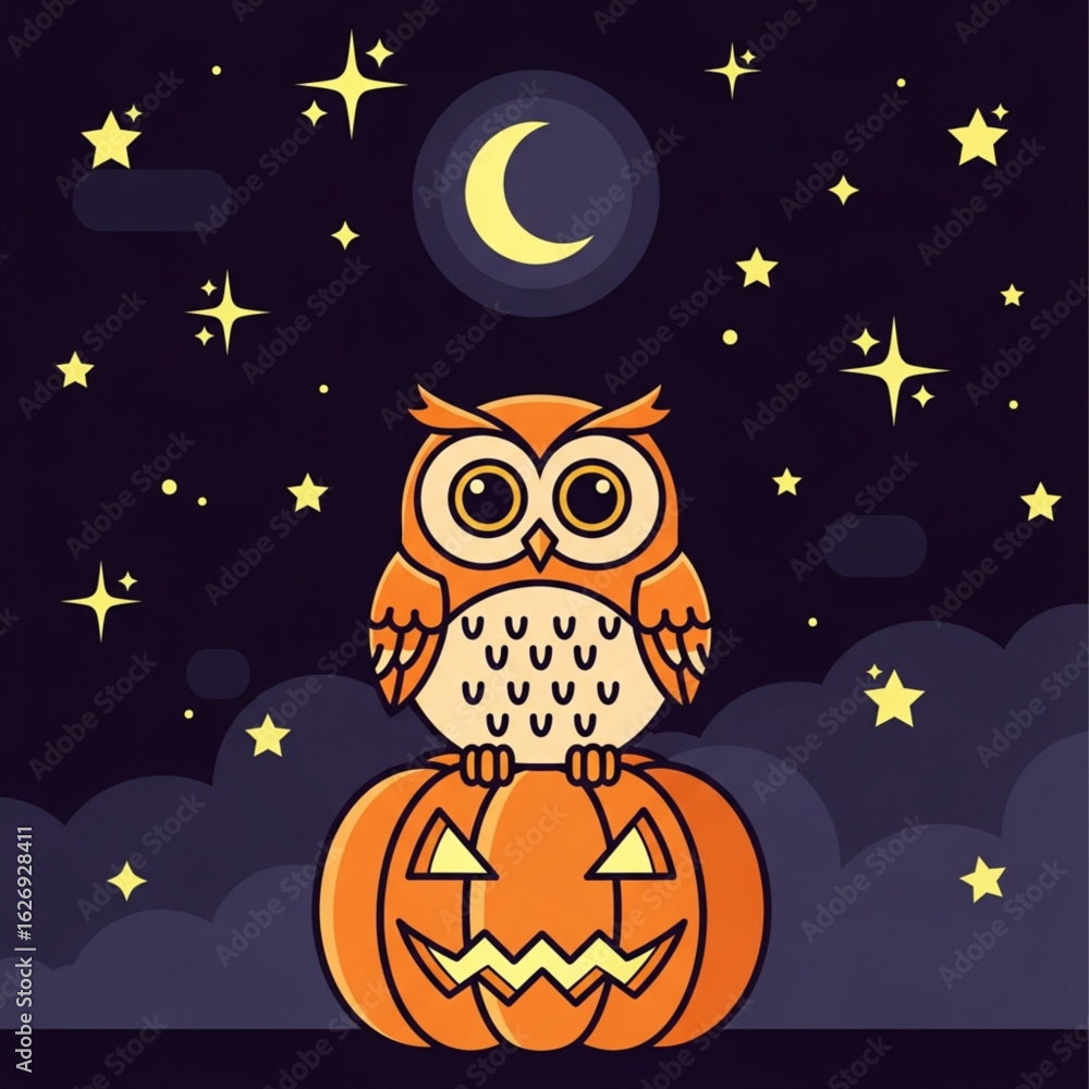 Fototapeta premium Flat Vector Scene of Cute Owl Perched on Carved Pumpkin under Spooky Night Sky
