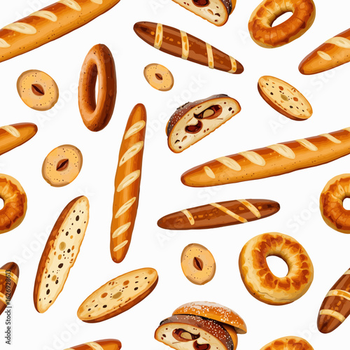 Various types of bread and pastries arranged on a white background  