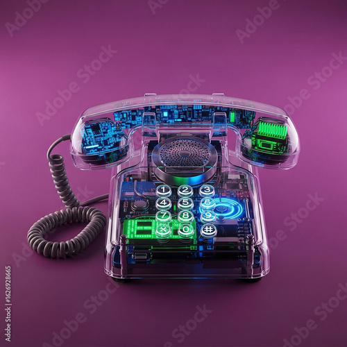 Transparent retro telephone with visible, colorful inner workings on a purple background.