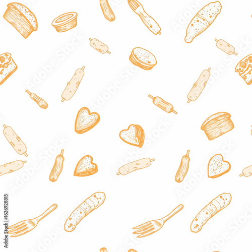 Food pattern with various baked goods and utensils in light tones  