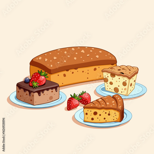 Assorted cakes and desserts served on plates with strawberries  