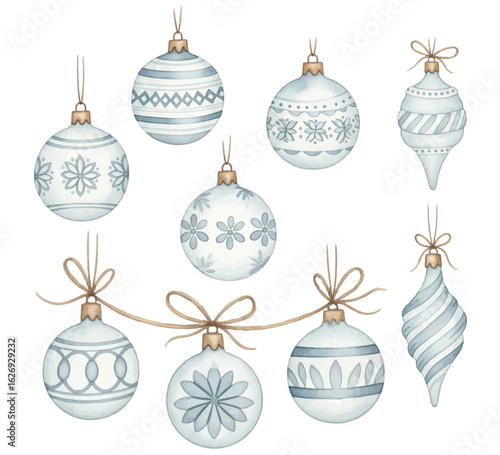 Collection of Christmas ornaments, tree toys vector design in light blue colors.