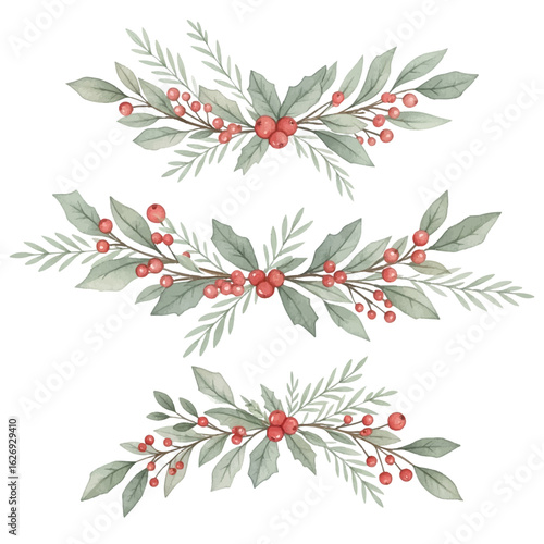 Three elegant and festive watercolor Christmas garlands vector set.