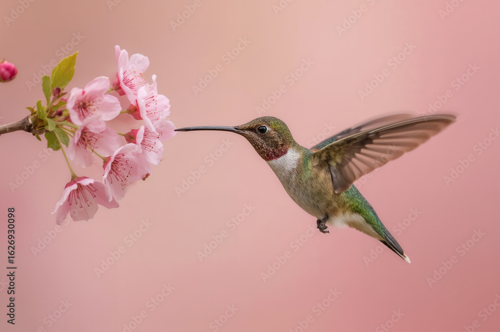 Naklejka premium Hummingbird in mid flight approaching pink cherry blossoms with iridescent feathers and soft pastel bokeh background