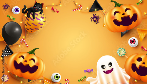Happy Halloween with copy space, Halloween element flat lay Background, Trick or Treat Concept, vector illustration	
