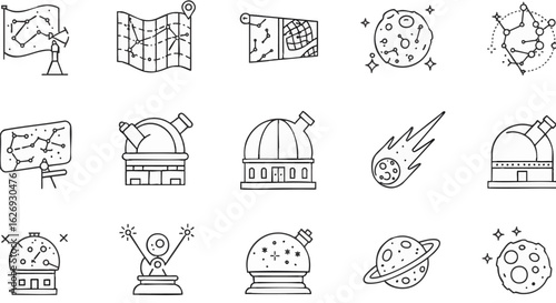 Set of astronomy and space-themed icons including telescopes, planets, constellations, and celestial events for scientific and educational purposes