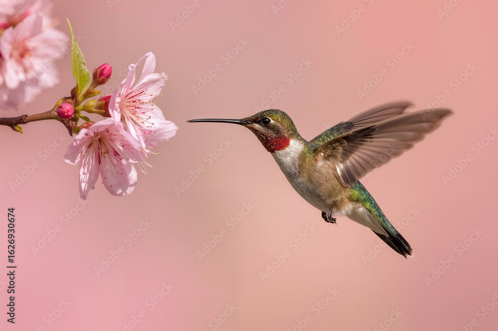 Naklejka premium Hummingbird in mid flight approaching pink cherry blossoms with iridescent feathers and soft pastel bokeh background