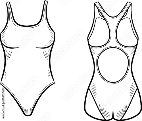 One-piece swimsuit CAD drawing, flat vector illustration, front and back views, trendy beachwear, summer fashion, stylish swimwear, fashion sketch
