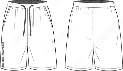 Men’s casual shorts CAD drawing, flat vector illustration, drawstring waist, pocket detail, summer fashion, relaxed fit, athletic, stylish, versatile