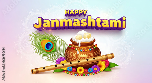 Happy janmashtami celebration with pot of butter, flute, and peacock feather illustration design