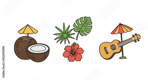 Vibrant tropical summer elements set Refreshing coconuts with tiny umbrellas, exotic hibiscus and monstera leaves, and a charming ukulele, perfect for a cheerful vacation atmosphere