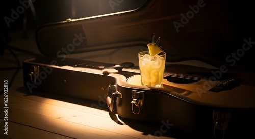 cocktail in a case on an acoustic guitar capturing warm light in a dark environment. Selective focus emphasizing textures and tones.