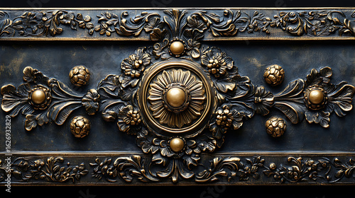 Ornate Baroque Style Decorative Panel, Dark Blue and Gold, Intricate Carving Detail