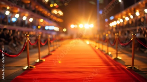The luxury entrance to a VIP event or gala party. An exclusive red carpet background with elegant lights and stanchions. 4K concept animation. 