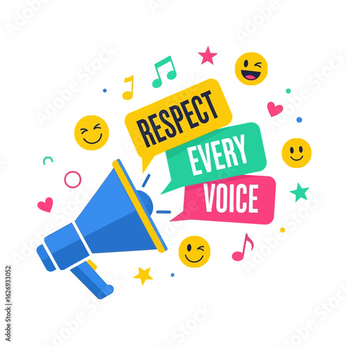 A megaphone announces "Respect Every Voice," surrounded by cheerful emojis and musical notes.