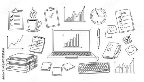 Business office desk scene with laptop charts coffee and paperwork in a hand drawn sketch silhouette