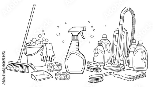 Collection of cleaning supplies including a mop bucket broom dustpan spray bottles and sponges in a silhouette style