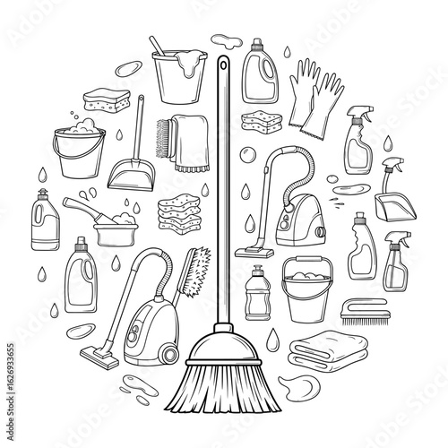 Circular arrangement of various cleaning supplies and tools forming a cohesive cleaning concept silhouette
