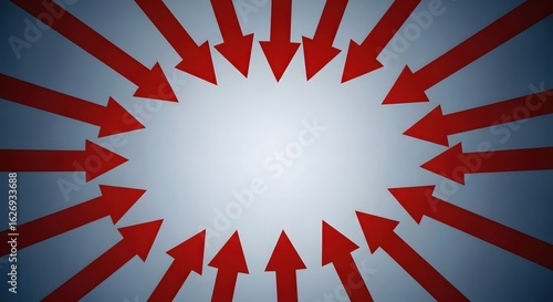 Arrow focus, red arrows pointing to a central point on neutral background. Arrows illustrate directional guidance and aim. Use red arrows imagery for presentation background, communication concept,