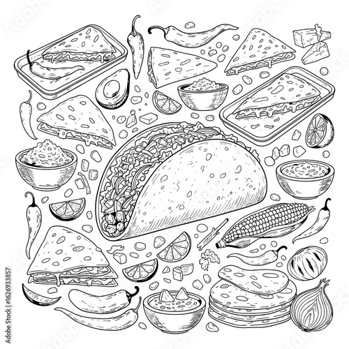 A detailed black and white line drawing showcasing a variety of delicious mexican food items in a silhouette style