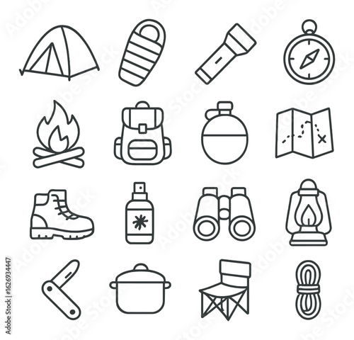 Essential camping gear icons featuring tent, backpack, compass, and binoculars