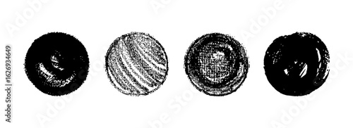 Hand drawn black crayon wax and chalk textured paintbrush circles for chalkboard or blackboard use. Great for kindergarten, kid crafts, children school art, calligraphy, and grungy speech bubble