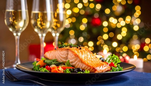 Festive Salmon Dinner with Champagne and Christmas Tree Bokeh Background