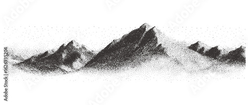 Vintage grainy snowy mountain range with dotted halftone texture overlay. Retro artistic landscape vector featuring abstract rough hills, pointillism, grunge effect, rugged terrain, nature peaks