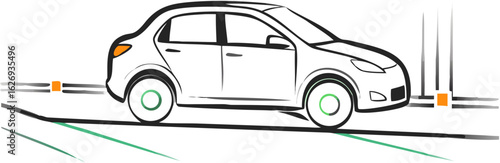 White car with green wheels driving on a road with orange square markers and vertical lines drawn behind it