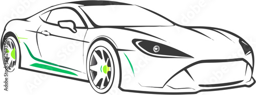 White sports car with green accents and black outline on a white background in a cartoon style