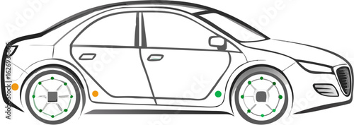 Side view of a white car outline with green and orange dots indicating sensor locations on the vehicle body