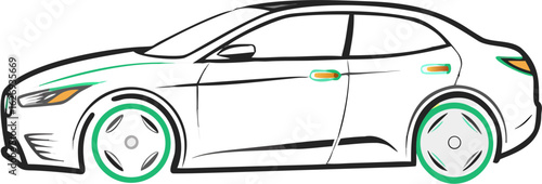 Side view of a stylized white sedan with green accents and black outlines on a white background
