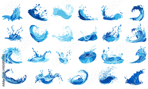 Vector set of water splashes, blue liquid icons, ocean waves, aquatic clipart, fluid patterns, dynamic visuals, clean design, wave graphics, splash effects, detailed creative collection, art