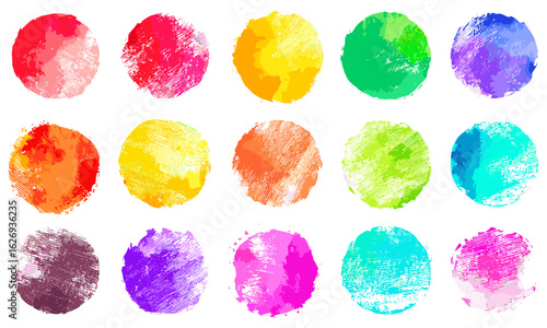 Bright watercolor circle stains and smears collection. Rainbow colors brush-painted dots pattern. Colorful watercolor round paint spots set, big dots illustration design elements background