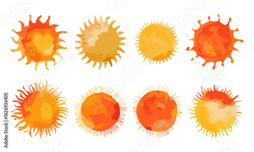 Round watercolor sun shapes with spiked crowns and sunburst effects. Vector bundle of sunrise, sunset, and dawn scenes. Orange-yellow-red fire stains, flaming frames, Maslenitsa carnival