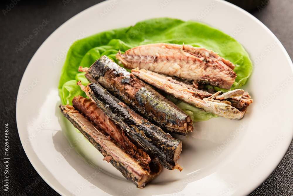 Sardine canned food sprats fish seafood fresh pescetarian diet gourmet food background on the table rustic food top view copy space keto and paleo diet Sardine canned food sprats fish seafood fresh pescetarian diet gourmet food background on the table rustic food top view copy space keto and paleo diet