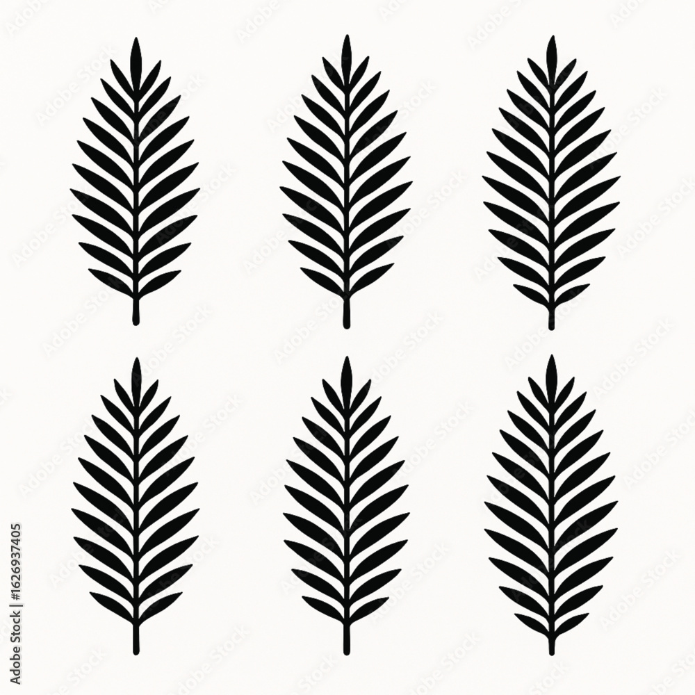 Fototapeta premium Set of six minimalist black palm leaf silhouettes on a white background