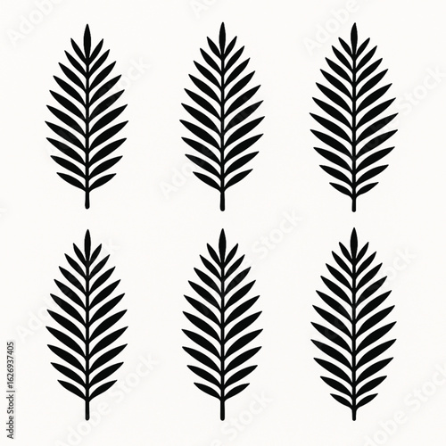 Set of six minimalist black palm leaf silhouettes on a white background
