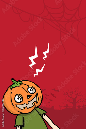 Playful Creepy Halloween Pumpkin Character on Red Background for Social Media