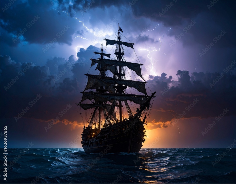 Obraz premium A dramatic silhouette of a historic schooner against a lightning-lit stormy sky at sunset, evoking a sense of mystery and adventure. AI-generated