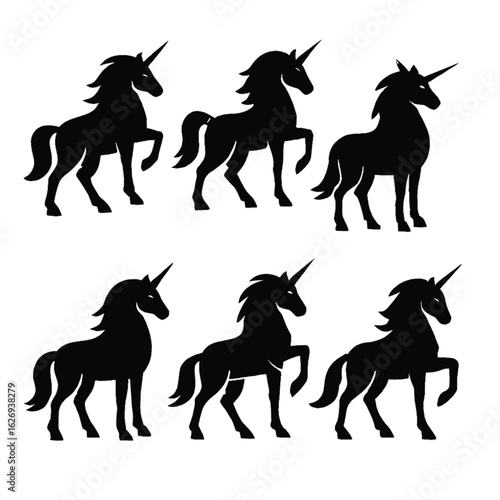 Collection of six majestic unicorn silhouettes. Mythical fantasy horse with horn vector icons set.