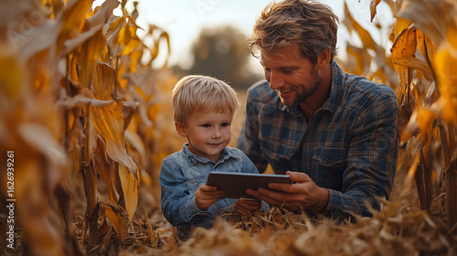 Father and Son Exploring Technology in a Cornfield