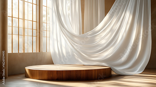 Serene Minimalist Wooden Podium with Flowing White Curtains and Sunlight
