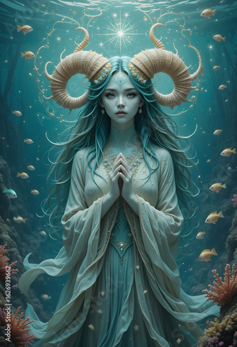 Shellborn Oracle with Spiral Horns – Stylized Ocean Mystic in Coral Robes