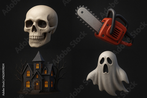 Chilling Horror 3D Icon Set: Skull, Chainsaw, Haunted House & Creepy Elements