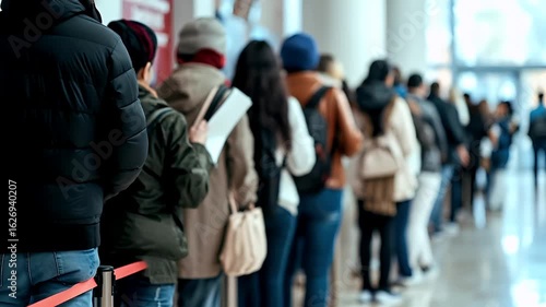 A blurry image of a long line of people waiting in line at an airport terminal.